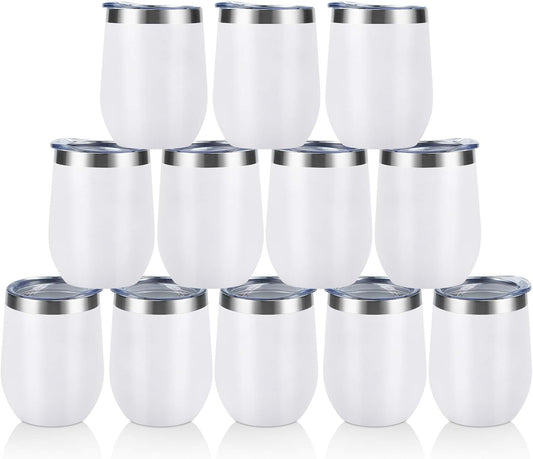 12 Pack Stainless Steel Wine Tumblers, 12Oz Double Wall Vacuum Insulated Wine Tumblers with Lids and Straws, Stainless Steel Stemless Wine Glasses for Coffee, Wine, Cocktails, Champaign, White…